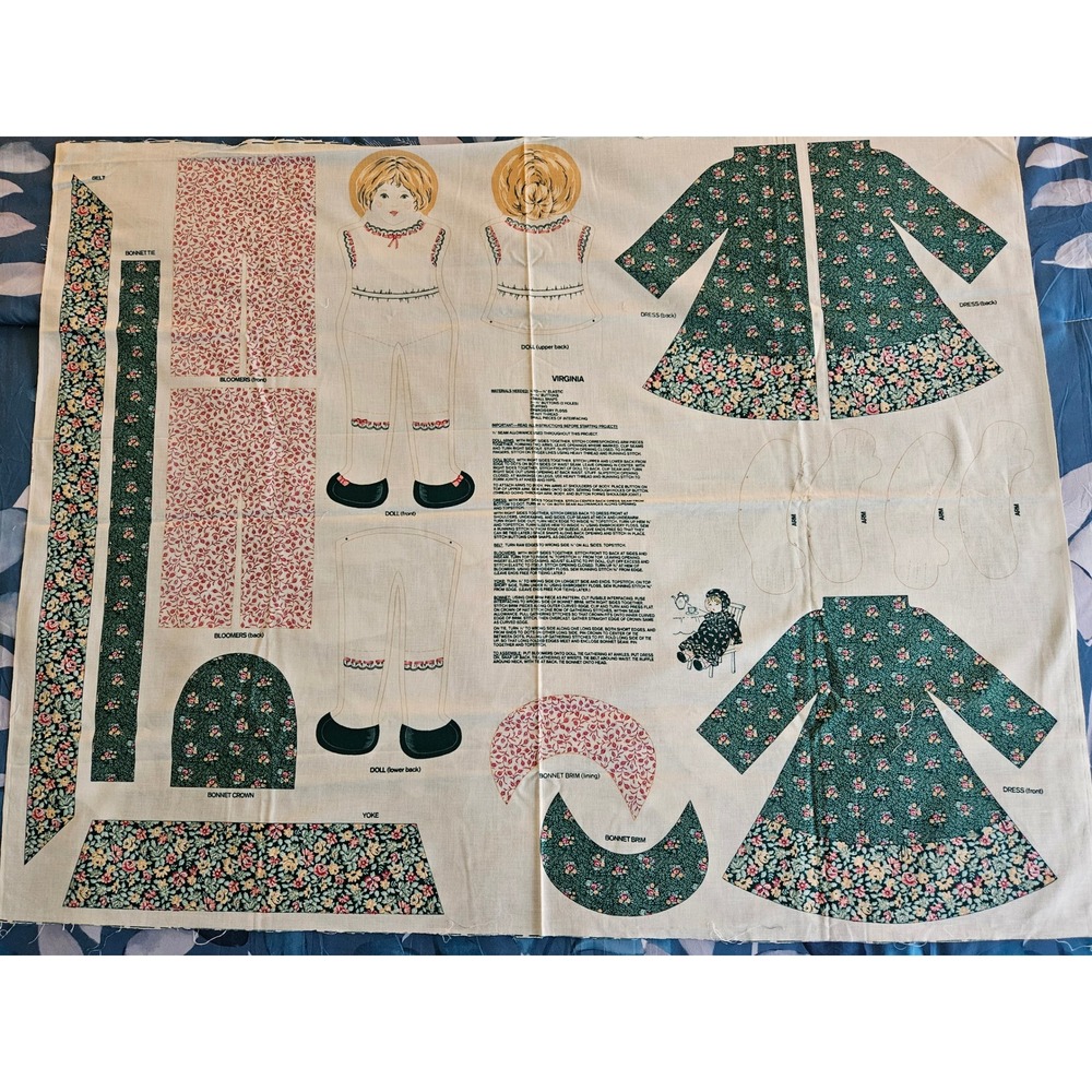 Vintage Virginia Fabric Doll Panel Cut and Sew Rag Doll Floral Dress Kit DIY